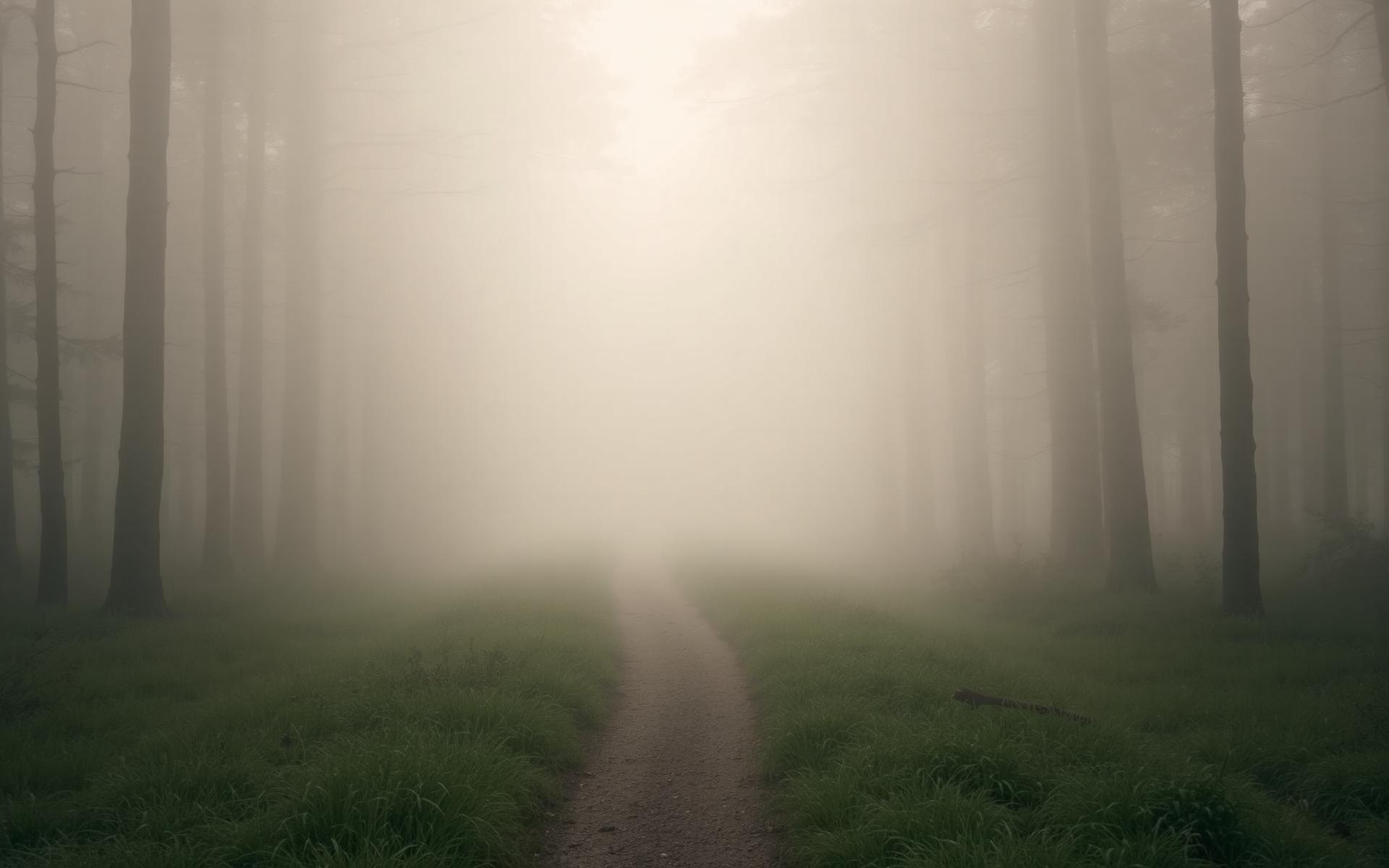 Nebliger Waldweg im Morgenlicht